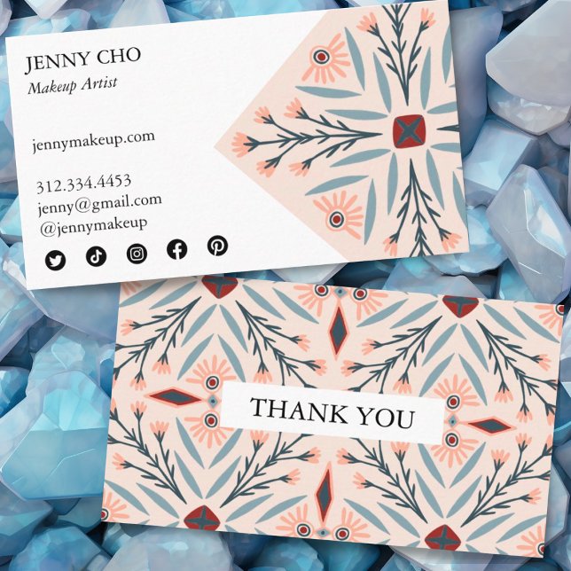 Cartão De Visita Azulejos Florais Elegante Obrigado de Ordem Geomét (Order thank you card with custom social media icons. Pretty pink design.)