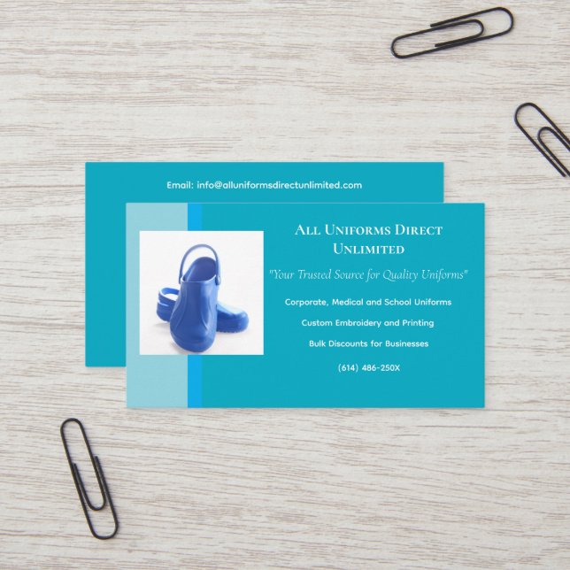 Cartão De Visita Azure Blue Medical Clogs Uniform (Frente/Verso In Situ)