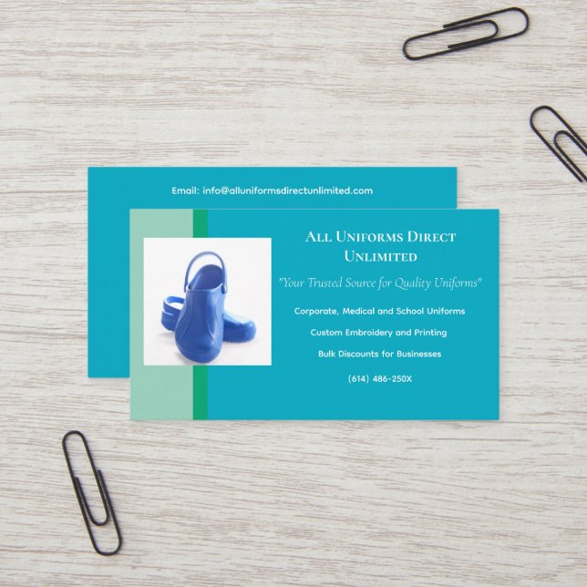 Cartão De Visita Azure Green Blue Medical Clogs Uniform (Frente/Verso In Situ)