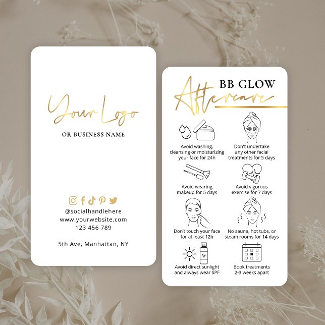 Cartão De Visita B Brilhar Facial Após Guia de Cuidados PMU Branco  (Elegant BB Glow Facial aftercare cards with faux gold effects & space for your logo)