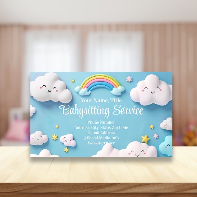 Cartão De Visita Babá Cuidadora de Crianças Nuvens Felizes (pastel babysitting childcare business cards)