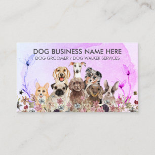 Cartão De Visita Babá de Animais de Estimação com Flores Rosa Azul-