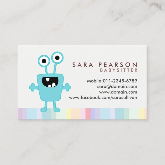 Cartão De Visita Babysitter Cute Cyan Monster Alien Business Card (Frente)