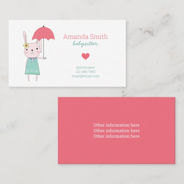 Cartão De Visita Babysitter Cute Rabbit Babysitting (Frente/Verso)