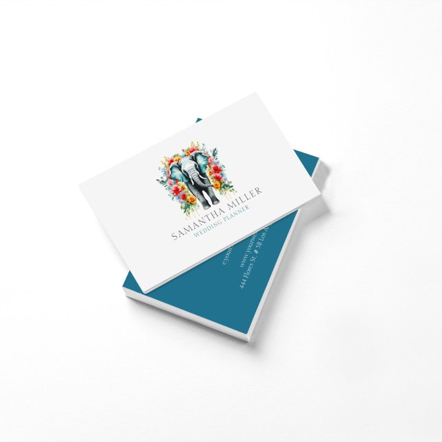 Cartão De Visita Baía Floral de Elefante Azul Branco (Criador carregado)