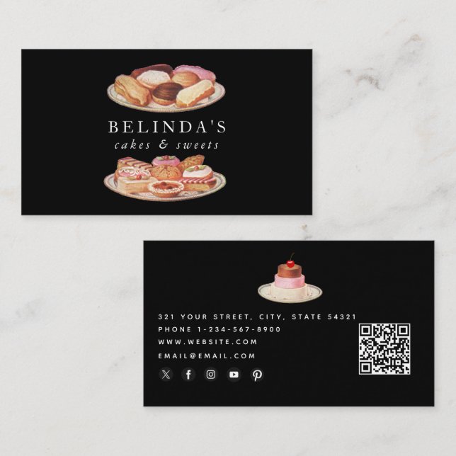 Cartão De Visita Bakery Faz Doces Fazendo Código QR Mídia Social (Frente/Verso)