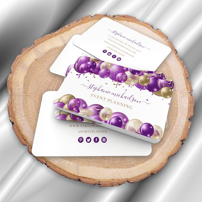 Cartão De Visita Balão Dourado Roxo do Planejador do Partido (Party Planner Purple Gold Balloon Business Card)