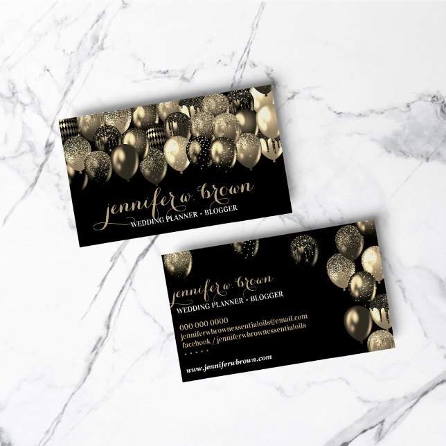 Cartão De Visita Balões Negros Dourados Elegantes do Planejador de  (Party Event Planner Elegant Gold Black Balloons Business Card)