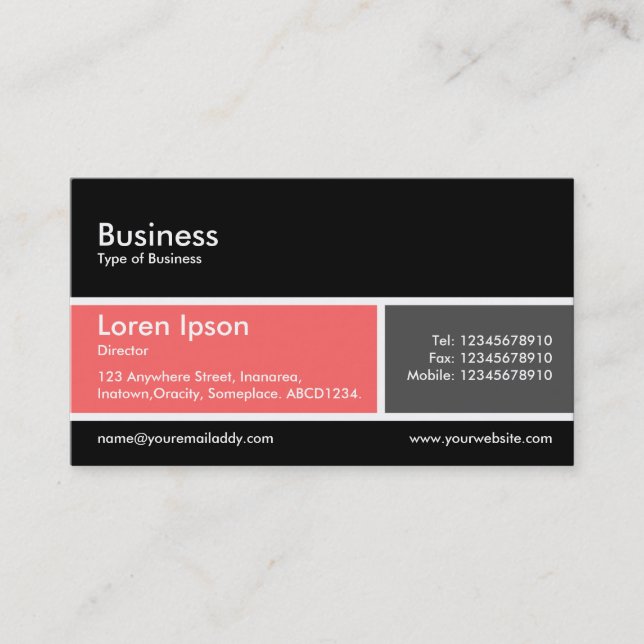 Cartão De Visita Banda dividida v2, rosa tropical e Cinzas escuras (Frente)