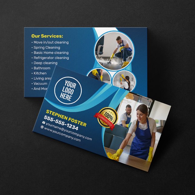 Cartão De Visita Bandeira Azul Limpando Agregador Janitorial Maid (Criador carregado)