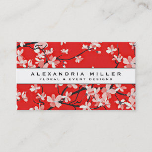 Cartão De Visita Banner branco Floral do Flor de Cereja Vermelha
