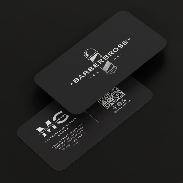 Cartão De Visita Barbearia de Prata Negra Elegante de Polos Barber (Barber Pole Elegant Black Silver Barbershop Business Card
)