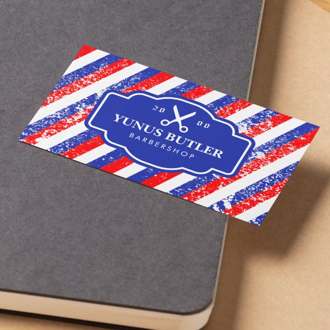 Cartão De Visita Barbearia de Tesoura Grunge Blue & Red Strike (Criador carregado)