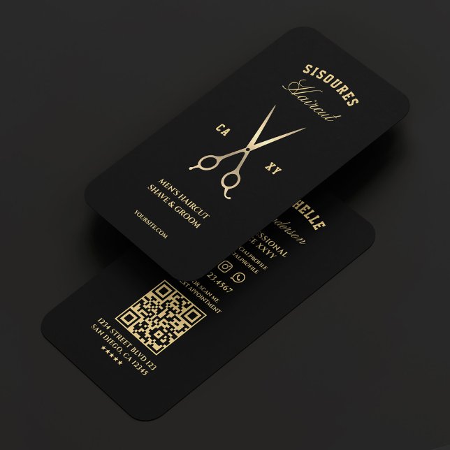 Cartão De Visita Barbearia Elegante Tesoura Dourada Barber Preta (Elegant Barbershop Black Gold Barber Scissors Business Card
)