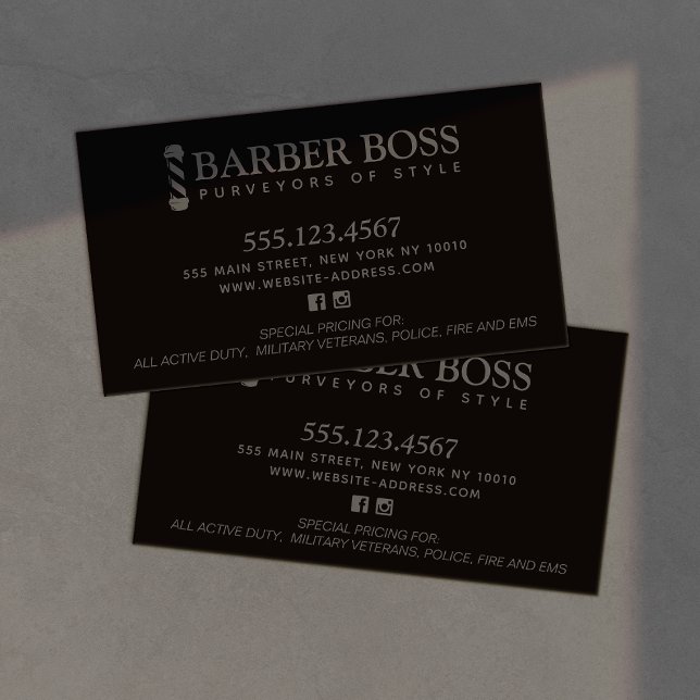 Cartão De Visita Barbearia legal Preta em Blac (Criador carregado)