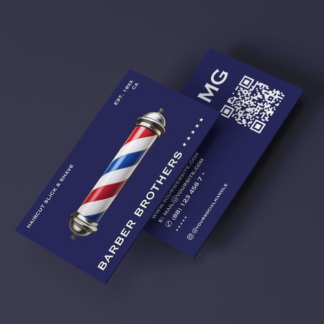 Cartão De Visita Barbearia Marinho de Barber Moderna (Retro Barber Pole Navy Barbershop Modern Business Card
)