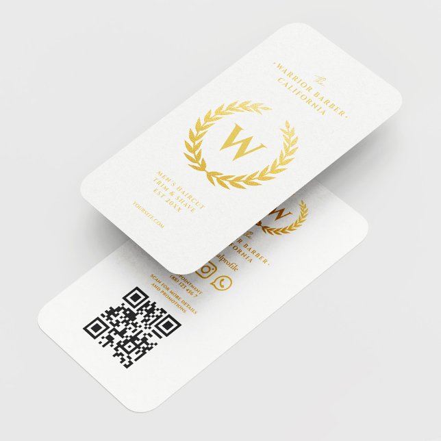 Cartão De Visita Barbearia Moderna Dourada Wreath Barbeiro Inicial (Criador carregado)