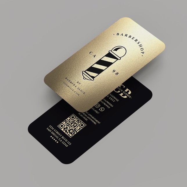 Cartão De Visita Barbearia Moderna Elegante - Polo de Barbeiro Dour (Elegant Modern Barbershop Black Gold Barber Pole Business Card
)