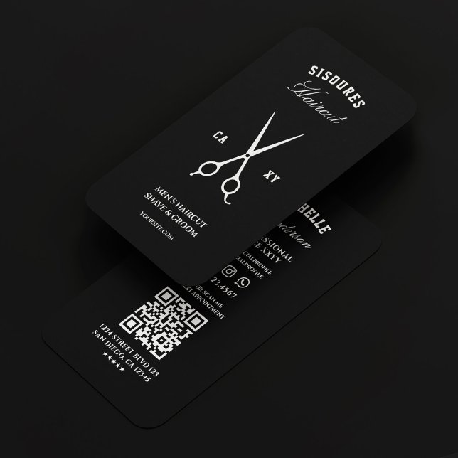 Cartão De Visita Barbearia Moderna - Tesoura Branca Negra (Modern Barber Barbershop Black White Scissors Business Card
)