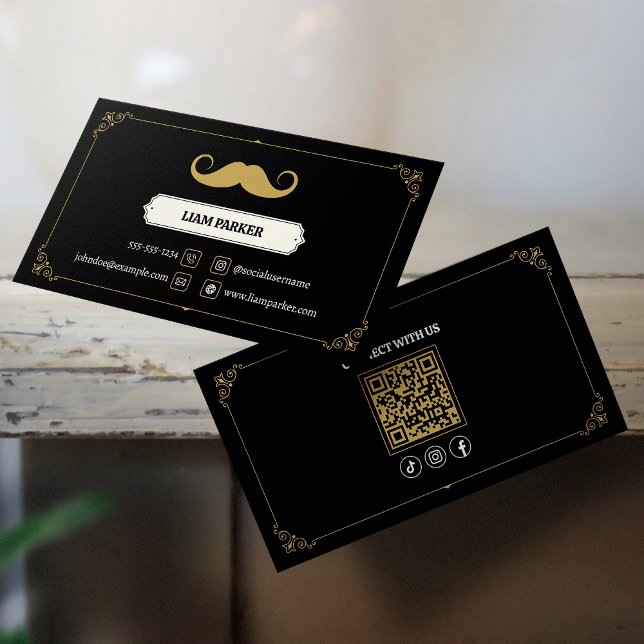 Cartão De Visita Barbearia Simple Black Mustache Conecte-se conosco (Criador carregado)
