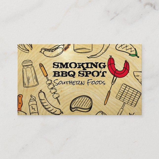 Cartão De Visita Barbecue Cooking Pattern | Wood Grain Background (Frente)