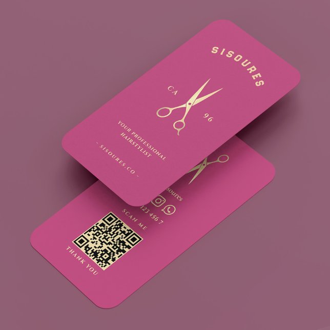 Cartão De Visita Barbeiro Dourado de Tesoura Pink Stylist de Cabelo (Elegant Hair Stylist Pink Gold Scissors Barber Business Card
)