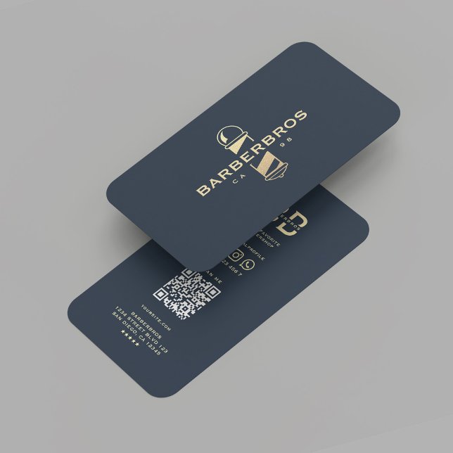 Cartão De Visita Barbeiro Dourado Moderno Azul Barbershop Polar (Modern Barber Gold Barber's Pole Barbershop Professional Barber Dark Blue Business Card
)