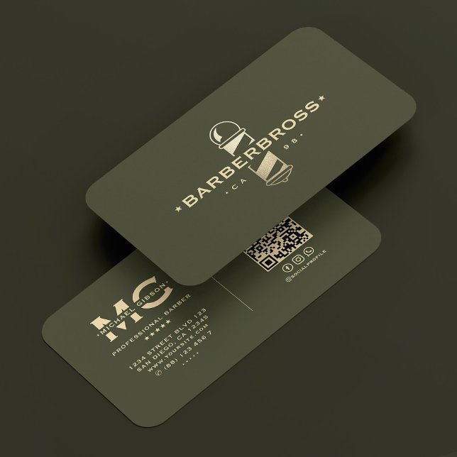 Cartão De Visita Barbeiro Moderno do Exército Policial Dourado Barb (Modern Barber Pole Army Green Gold Barbershop Business Card
)