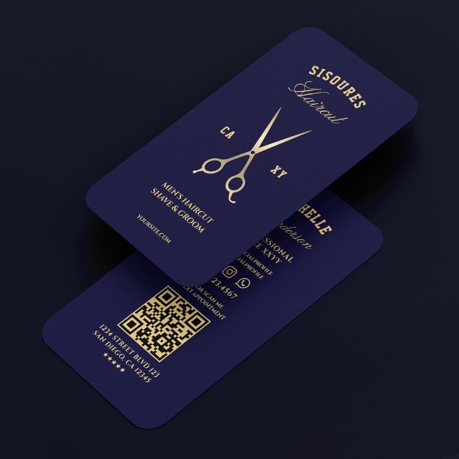 Cartão De Visita Barber Barber Elegante Tesoura Azul à Meia-Noite (Criador carregado)