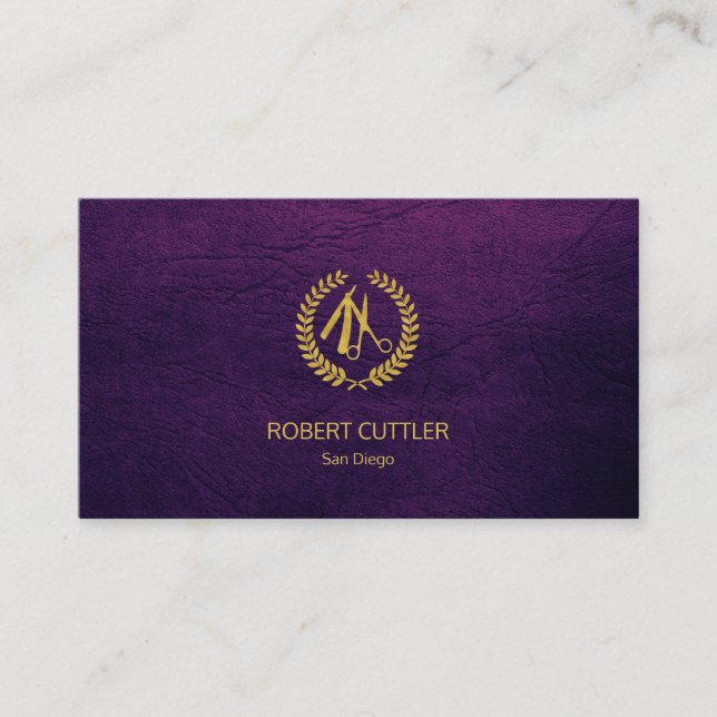Cartão De Visita Barber compra luxo simples aparência de couro roxo (Frente)