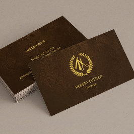 Cartão De Visita Barber compra luxo simples couro castanho de ouro