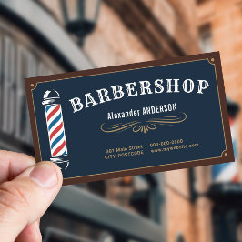 Cartão De Visita Barber Pole - Barbearia Navy Blue & Gold