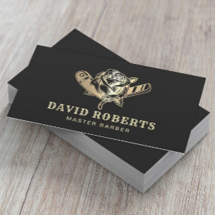 Cartão De Visita Barber Razor & Rosa Logo Black Dourado Barbershop