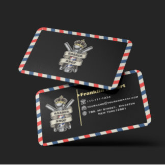 Cartão De Visita Barber Shop Professional Blue & Red Stripes Custom