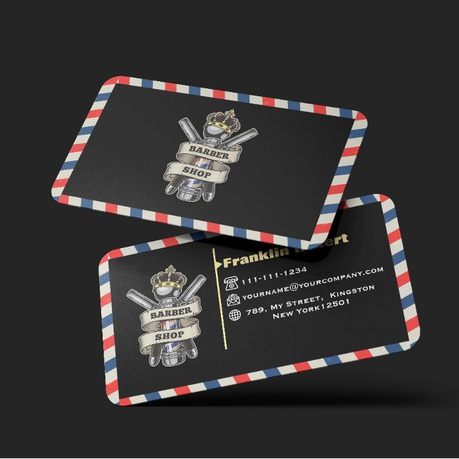 Cartão De Visita Barber Shop Professional Blue & Red Stripes Custom (Criador carregado)