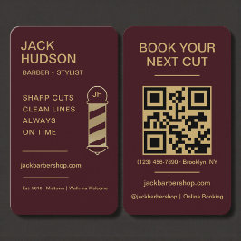 Cartão De Visita Barbershop Burgundy Gold Barber Haircut QR Code