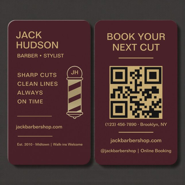 Cartão De Visita Barbershop Burgundy Gold Barber Haircut QR Code (Criador carregado)