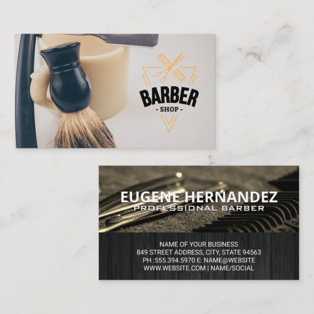 Cartão De Visita Barbershop Emblem | Ferramentas Barber (Frente/Verso)