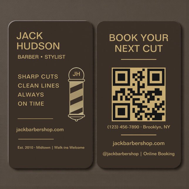 Cartão De Visita Barbershop Mocha Brown Gold Barber Haircut QR Code (Criador carregado)