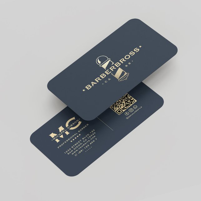 Cartão De Visita Barbershop Moderno Pole Dark Azul Dourado (Modern Barbershop Barber Pole Dark Blue Gold Business Card
)
