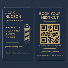 Cartão De Visita Barbershop Navy Blue Gold Barber Haircut QR Code