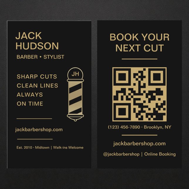 Cartão De Visita Barbershop QR Code Black Gold Barber Haircut  (Criador carregado)