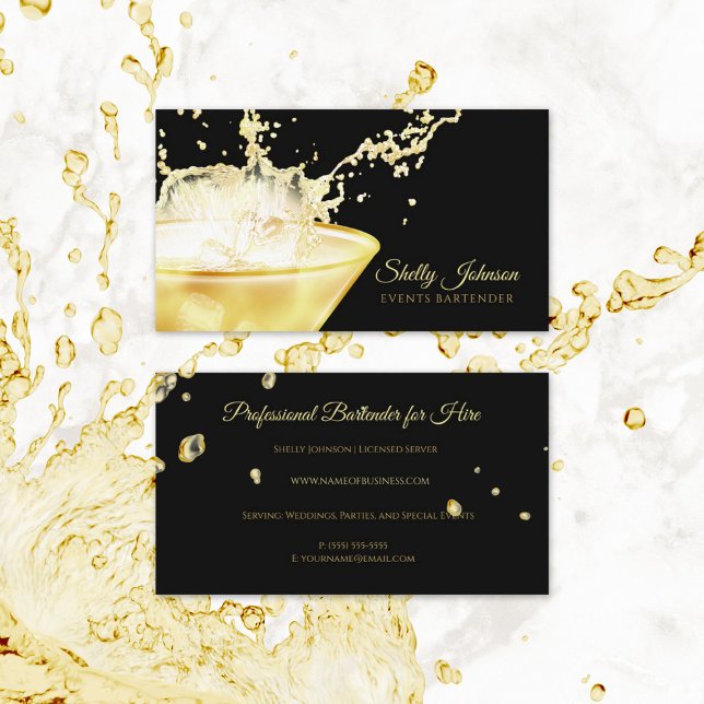 Cartão De Visita Barman de Eventos de Abertura de Bebidas Douradas  (Elegant Gold Beverage Splash Events Bartender Business Cards)