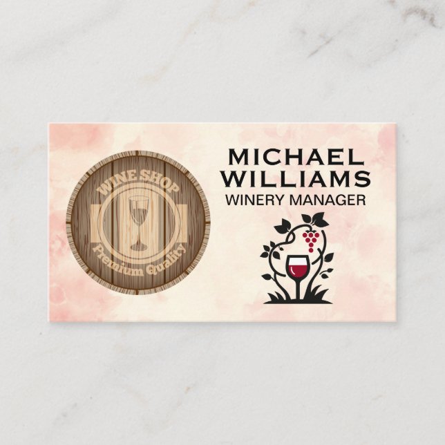 Cartão De Visita Barril de Vinho | Vidro e uvas | Vinho (Frente)