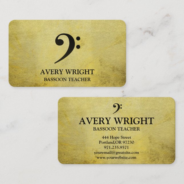 Cartão De Visita Bass Clef Music Teacher Gold & Black Professional (Frente/Verso)