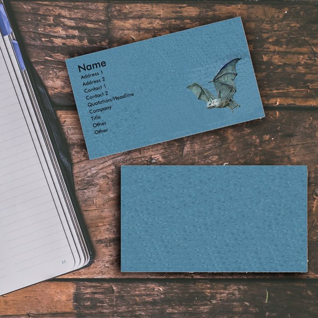 Cartão De Visita Bat Azul 3d Voador (White faced flying blue spooky bat on mottled blue business cards.)