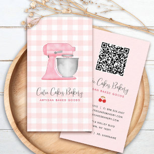 Cartão De Visita Batedeira de Cozinha Rosa Bege Código QR Xadrez Gi