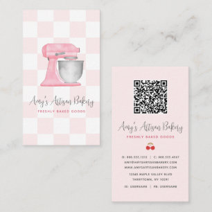 Cartão De Visita Batedeira de Cozinha Rosa Bege Código QR Xadrez Pa