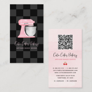 Cartão De Visita Batedeira de Cozinha Rosa Bege Código QR Xadrez Pr