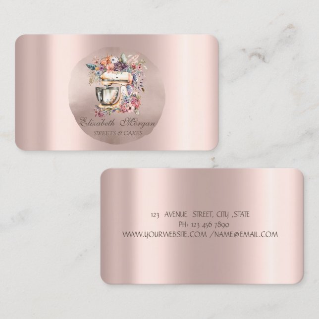 Cartão De Visita Batedeira de Padaria Flores Círculo Dourado Rosa (Frente/Verso)